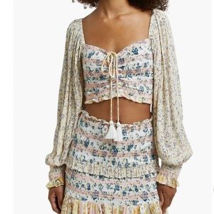 River Island Floral Print Smocked Puff Sleeve Metallic Light Blu Crop Top L